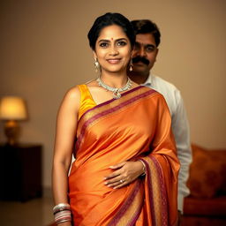 An Indian mature woman exuding confidence, wearing an elegantly designed sleeveless blouse paired with a beautifully draped saree