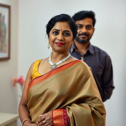 An Indian mature woman exuding confidence, wearing an elegantly designed sleeveless blouse paired with a beautifully draped saree