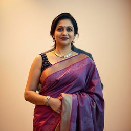 An Indian mature woman exuding confidence, wearing an elegantly designed sleeveless blouse paired with a beautifully draped saree