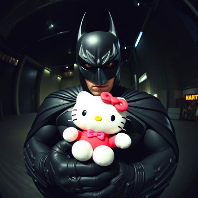 Batman, the iconic superhero, holding a Hello Kitty plush, seen through a fisheye lens