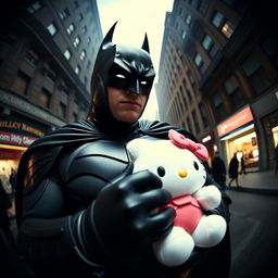 Batman, the iconic superhero, holding a Hello Kitty plush, seen through a fisheye lens