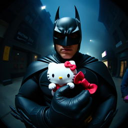 Batman, the iconic superhero, holding a Hello Kitty plush, seen through a fisheye lens