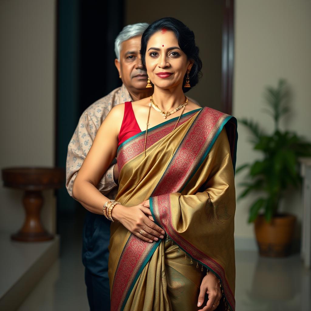 An Indian mature woman exuding elegance, wearing a stylish sleeveless blouse paired with a beautifully draped saree, highlighting her voluptuous figure