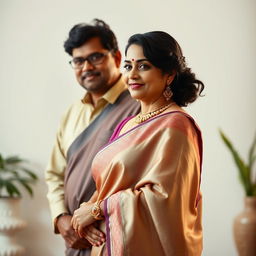 An Indian mature woman exuding elegance, wearing a stylish sleeveless blouse paired with a beautifully draped saree, highlighting her voluptuous figure