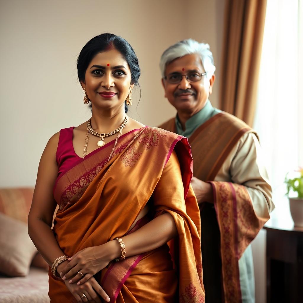 An Indian mature woman exuding elegance, wearing a stylish sleeveless blouse paired with a beautifully draped saree, highlighting her voluptuous figure