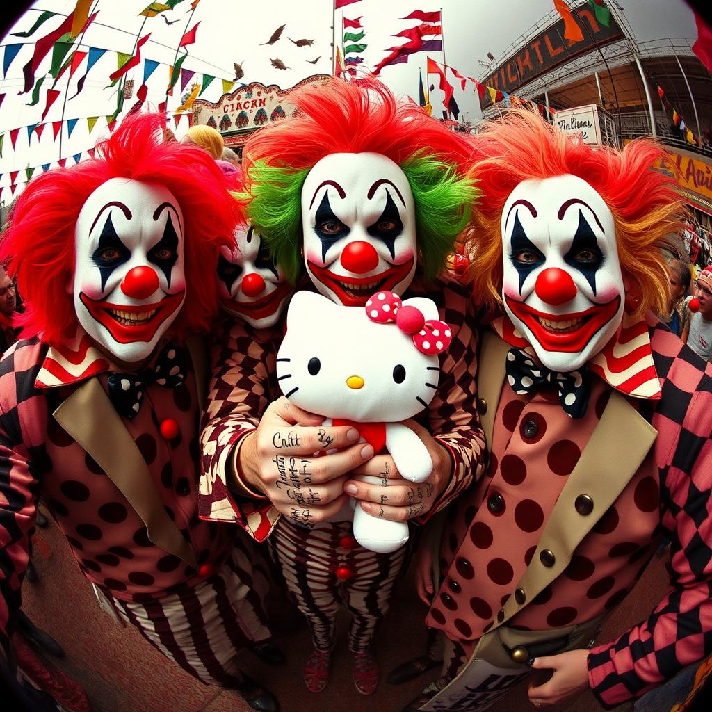 Members of the Insane Clown Posse, in their signature clown makeup and eccentric outfits, holding a Hello Kitty plush toy, captured through a fisheye lens