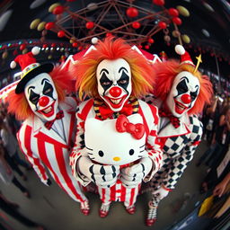 Members of the Insane Clown Posse, in their signature clown makeup and eccentric outfits, holding a Hello Kitty plush toy, captured through a fisheye lens