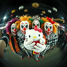 Members of the Insane Clown Posse, in their signature clown makeup and eccentric outfits, holding a Hello Kitty plush toy, captured through a fisheye lens