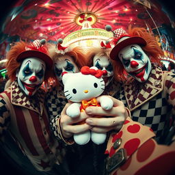 Members of the Insane Clown Posse, in their signature clown makeup and eccentric outfits, holding a Hello Kitty plush toy, captured through a fisheye lens