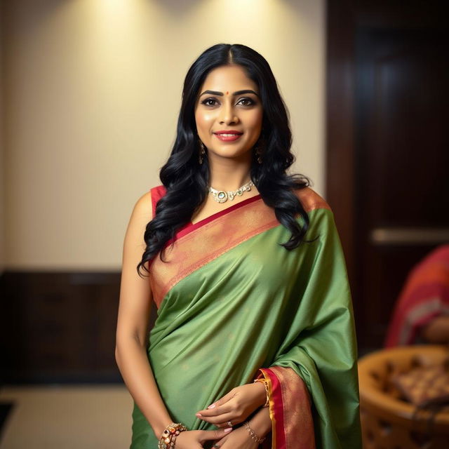 An Indian woman exuding allure and confidence, wearing an eye-catching sleeveless blouse paired with a beautifully draped saree, complementing her figure