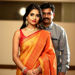 An Indian woman exuding allure and confidence, wearing an eye-catching sleeveless blouse paired with a beautifully draped saree, complementing her figure