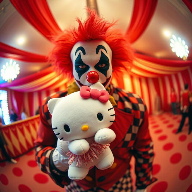 Violent J from the Insane Clown Posse, in his iconic clown makeup and flamboyant attire, holding a Hello Kitty plush toy, captured through a fisheye lens