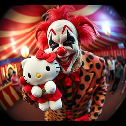 Violent J from the Insane Clown Posse, in his iconic clown makeup and flamboyant attire, holding a Hello Kitty plush toy, captured through a fisheye lens