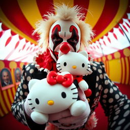 Violent J from the Insane Clown Posse, in his iconic clown makeup and flamboyant attire, holding a Hello Kitty plush toy, captured through a fisheye lens