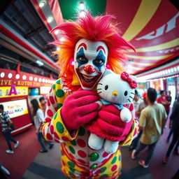 A juggalo in flamboyant clown makeup and vibrant attire holding a Hello Kitty plush, depicted through a fisheye lens