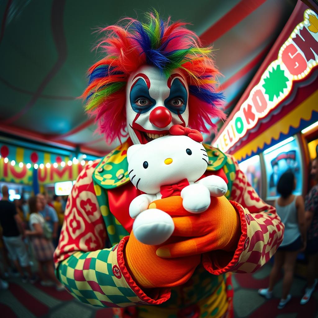 A juggalo in flamboyant clown makeup and vibrant attire holding a Hello Kitty plush, depicted through a fisheye lens