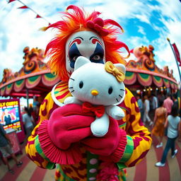 A juggalo in flamboyant clown makeup and vibrant attire holding a Hello Kitty plush, depicted through a fisheye lens