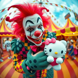 A juggalo in flamboyant clown makeup and vibrant attire holding a Hello Kitty plush, depicted through a fisheye lens