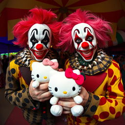 A realistic portrait of two members of the Insane Clown Posse, vividly depicted in their iconic clown makeup and eye-catching attire, each holding a Hello Kitty plush toy