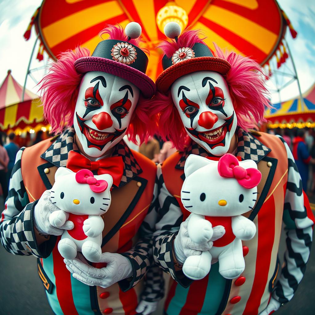 A realistic portrait of two members of the Insane Clown Posse, vividly depicted in their iconic clown makeup and eye-catching attire, each holding a Hello Kitty plush toy