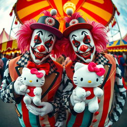 A realistic portrait of two members of the Insane Clown Posse, vividly depicted in their iconic clown makeup and eye-catching attire, each holding a Hello Kitty plush toy