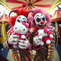 A realistic portrait of two members of the Insane Clown Posse, vividly depicted in their iconic clown makeup and eye-catching attire, each holding a Hello Kitty plush toy