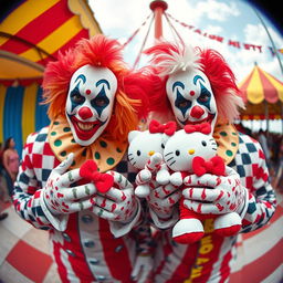 A realistic portrait of two members of the Insane Clown Posse, vividly depicted in their iconic clown makeup and eye-catching attire, each holding a Hello Kitty plush toy