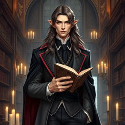 An elegant high elf man with a refined appearance, characterized by long brown-gray hair with black tips