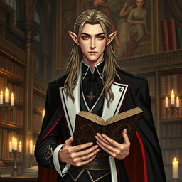 An elegant high elf man with a refined appearance, characterized by long brown-gray hair with black tips