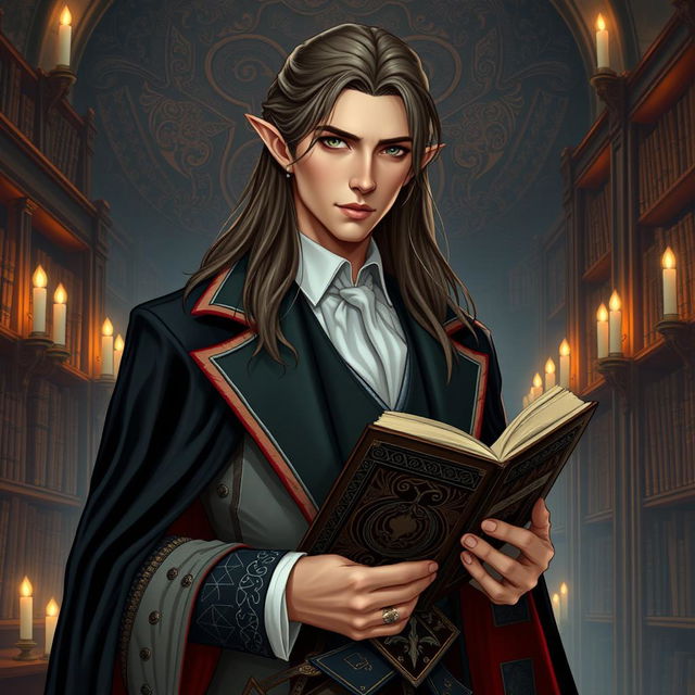 An elegant high elf man with a refined appearance, characterized by long brown-gray hair with black tips