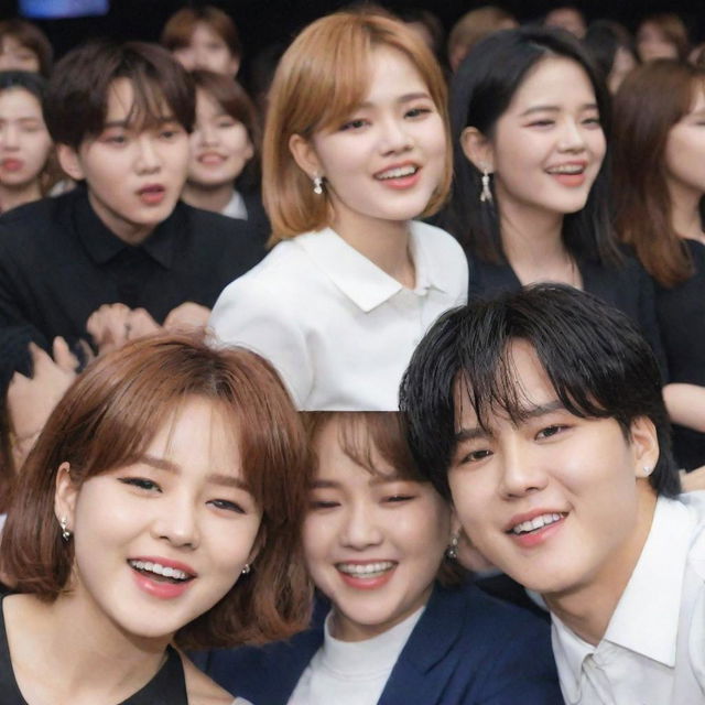 Jimin from BTS and Jeongyeon from Twice dancing closely at a concert, with Nayeon and Yoongi watching on jealously