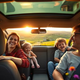 A family returning home by car, showing a joyful and peaceful atmosphere