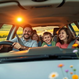 A family returning home by car, showing a joyful and peaceful atmosphere