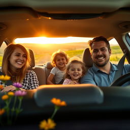 A family returning home by car, showing a joyful and peaceful atmosphere