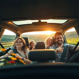 A family returning home by car, showing a joyful and peaceful atmosphere