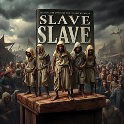 A powerful and provocative book cover depicting white individuals as slaves, dressed in tattered clothing, standing on an auction block at a market