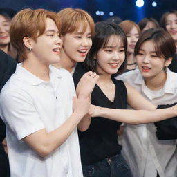 Jimin from BTS and Jeongyeon from Twice dancing closely at a concert, with Nayeon and Yoongi watching on jealously