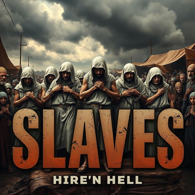 A powerful and provocative book cover depicting white individuals as slaves, dressed in tattered clothing, standing on an auction block at a market