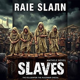 A powerful and provocative book cover depicting white individuals as slaves, dressed in tattered clothing, standing on an auction block at a market