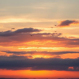 A breathtaking view of the sky during sunrise, the clouds painted in hues of pink, orange, and purple as the first rays of the sun break through the horizon