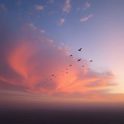 A breathtaking view of the sky during sunrise, the clouds painted in hues of pink, orange, and purple as the first rays of the sun break through the horizon