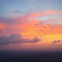 A breathtaking view of the sky during sunrise, the clouds painted in hues of pink, orange, and purple as the first rays of the sun break through the horizon