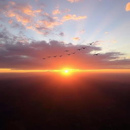 A breathtaking view of the sky during sunrise, the clouds painted in hues of pink, orange, and purple as the first rays of the sun break through the horizon