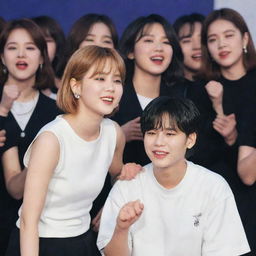 Jimin from BTS and Jeongyeon from Twice dancing closely at a concert, with Nayeon and Yoongi watching on jealously