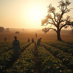 An old Georgian plantation scene depicting white people in period clothing working diligently in the sprawling fields, meticulously attending to crops under the warm afternoon sun