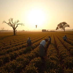 An old Georgian plantation scene depicting white people in period clothing working diligently in the sprawling fields, meticulously attending to crops under the warm afternoon sun