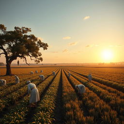 An old Georgian plantation scene depicting white people in period clothing working diligently in the sprawling fields, meticulously attending to crops under the warm afternoon sun