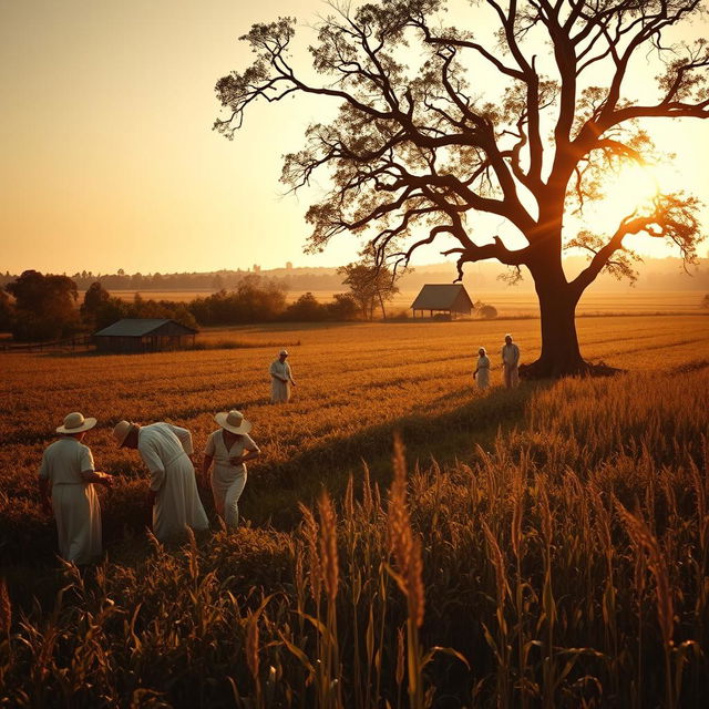 An old Georgian plantation scene depicting white people in period clothing working diligently in the sprawling fields, meticulously attending to crops under the warm afternoon sun