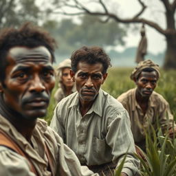 A closer view of the old Georgian plantation scene with detailed portrayals of white people in period clothing working in the fields