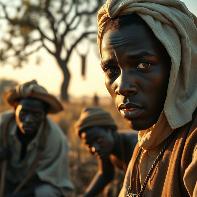 A closer view of the old Georgian plantation scene featuring white people in period attire working the fields